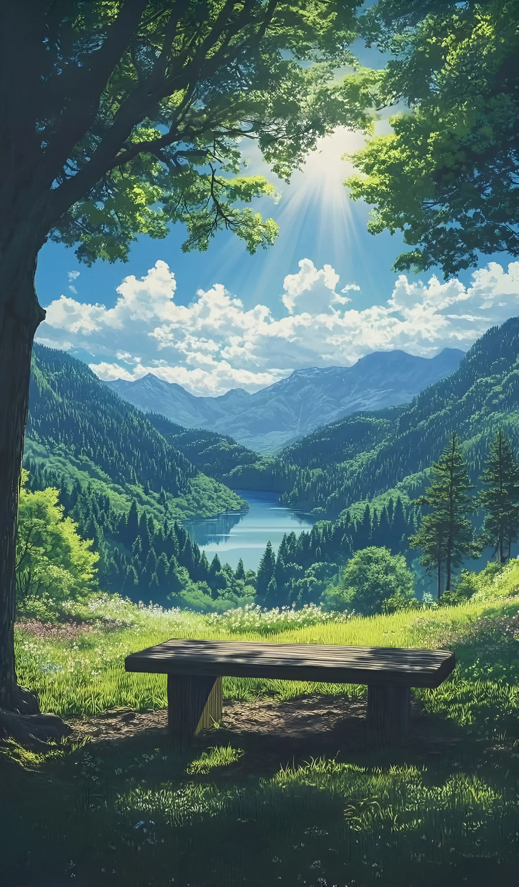 A quiet bench in a sunlit mountain valley